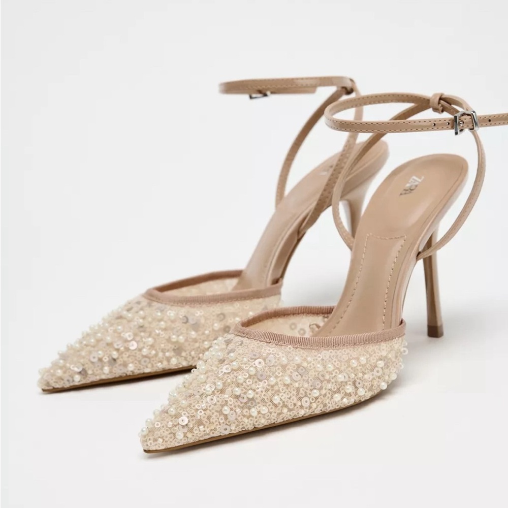 NEW Women Zara Glitter Mesh Slingback Heels 7.5 shoes Beige 2257/510 - Picture 3 of 6